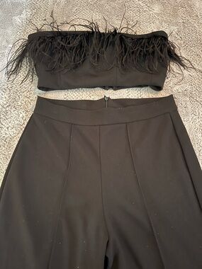 Impressions Black Feather-Trim Strapless Crop Top & Flare Pants Set